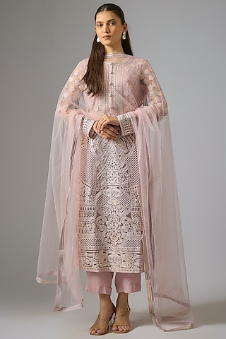 Pink Crepe Foil Embroidered Straight Kurta Set by Falguni Shane Peacock India