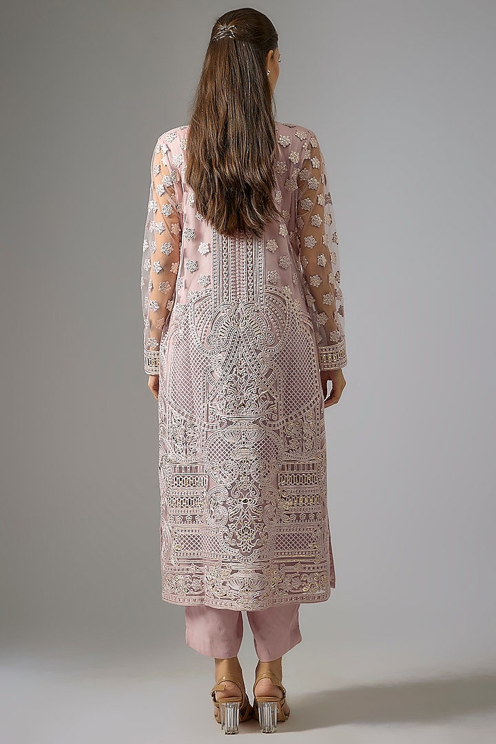 Pink Crepe Foil Embroidered Straight Kurta Set by Falguni Shane Peacock India at Pernia's Pop Up Shop