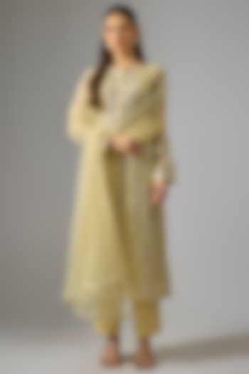 Beige Crepe Foil Embroidered Straight Kurta Set by Falguni Shane Peacock India at Pernia's Pop Up Shop