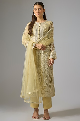 Beige Crepe Foil Embroidered Straight Kurta Set by Falguni Shane Peacock India