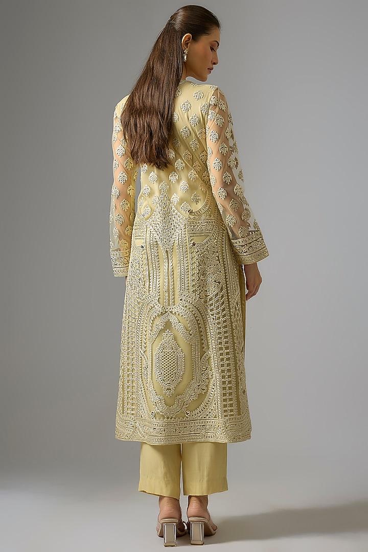 Beige Crepe Foil Embroidered Straight Kurta Set by Falguni Shane Peacock India at Pernia's Pop Up Shop