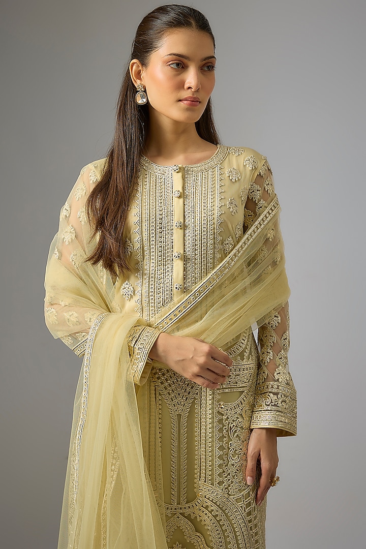 Beige Crepe Foil Embroidered Straight Kurta Set by Falguni Shane Peacock India at Pernia's Pop Up Shop