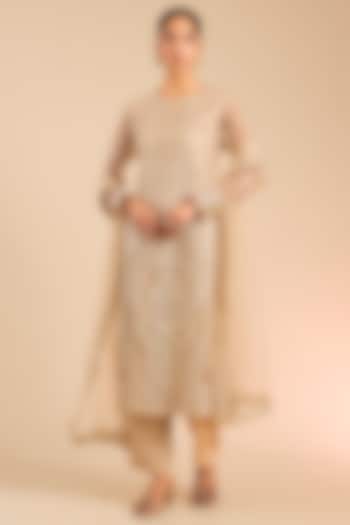 Beige & Gold Foil Embroidered Kurta Set by Falguni Shane Peacock India at Pernia's Pop Up Shop