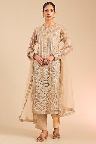 Beige & Gold Foil Embroidered Kurta Set by Falguni Shane Peacock India