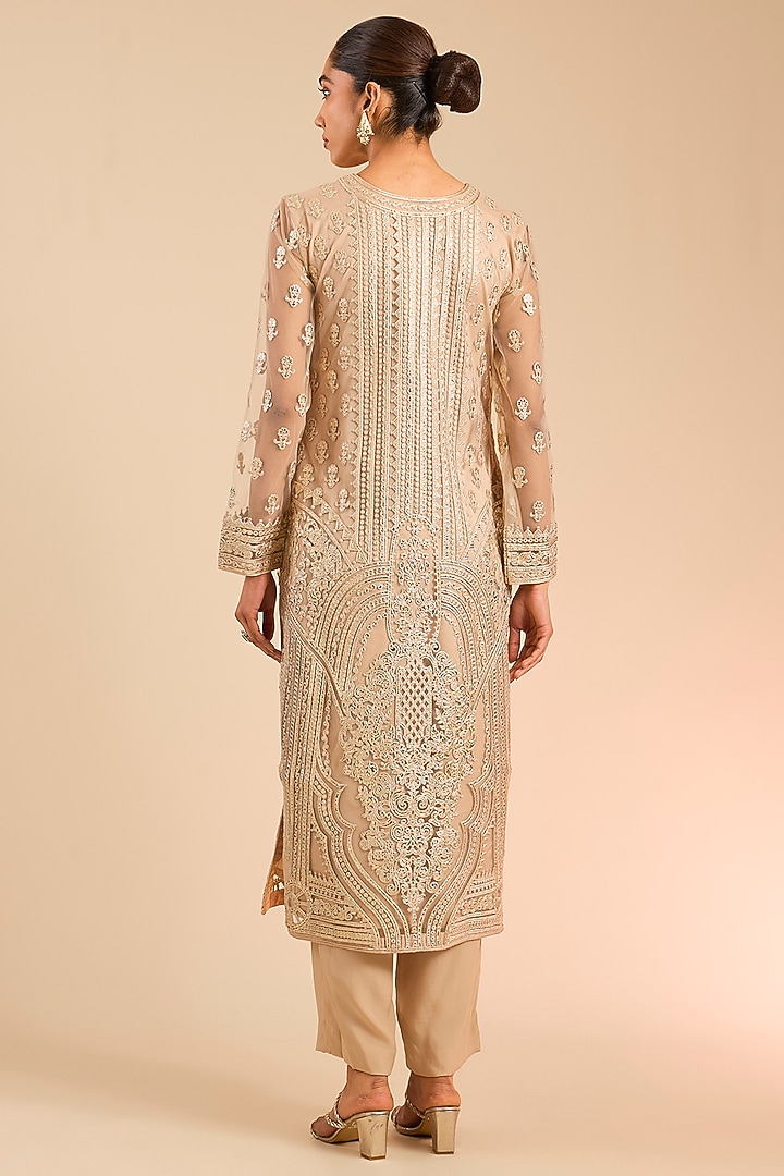 Beige & Gold Foil Embroidered Kurta Set by Falguni Shane Peacock India at Pernia's Pop Up Shop