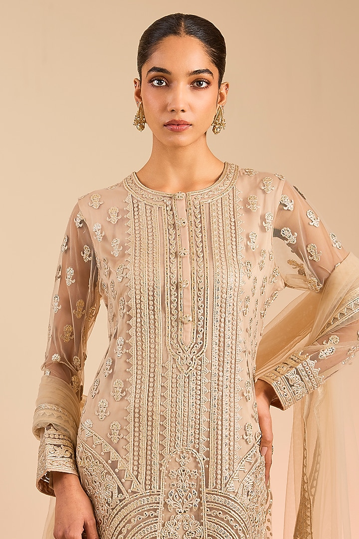 Beige & Gold Foil Embroidered Kurta Set by Falguni Shane Peacock India at Pernia's Pop Up Shop