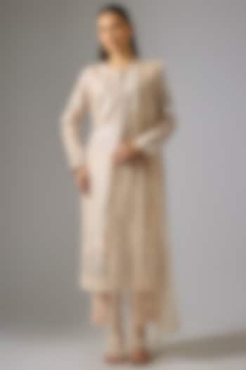 Beige Pure Silk Foil Printed Straight Kurta Set by Falguni Shane Peacock India at Pernia's Pop Up Shop