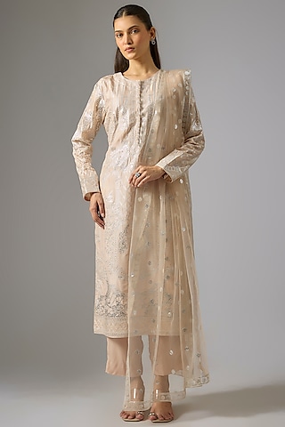 Beige Pure Silk Foil Printed Straight Kurta Set by Falguni Shane Peacock India