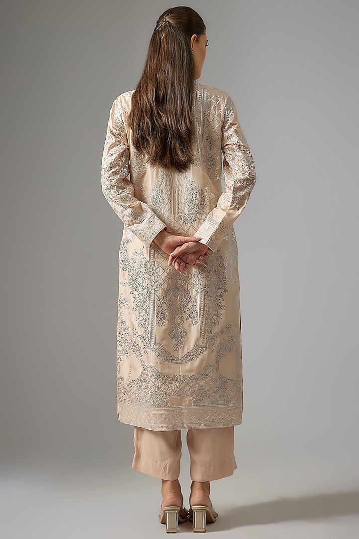 Beige Pure Silk Foil Printed Straight Kurta Set by Falguni Shane Peacock India at Pernia's Pop Up Shop