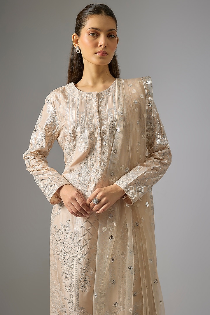 Beige Pure Silk Foil Printed Straight Kurta Set by Falguni Shane Peacock India at Pernia's Pop Up Shop