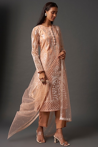 Peach Net Foil Printed Kurta Set by Falguni Shane Peacock India