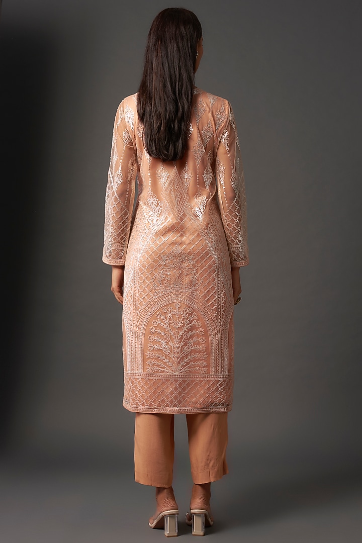 Peach Net Foil Printed Kurta Set by Falguni Shane Peacock India at Pernia's Pop Up Shop