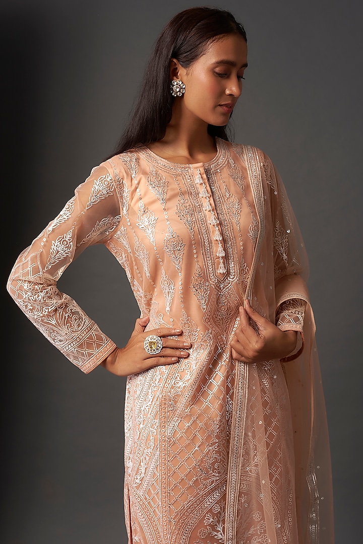 Peach Net Foil Printed Kurta Set by Falguni Shane Peacock India at Pernia's Pop Up Shop