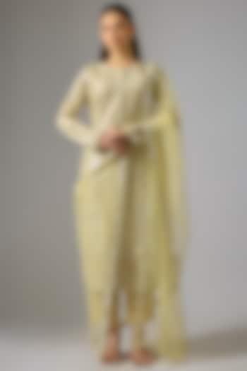 Lime Green Pure Silk Foil Printed Straight Kurta Set by Falguni Shane Peacock India at Pernia's Pop Up Shop