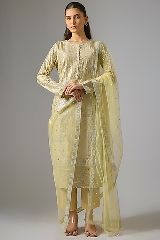 Lime Green Pure Silk Foil Printed Straight Kurta Set by Falguni Shane Peacock India