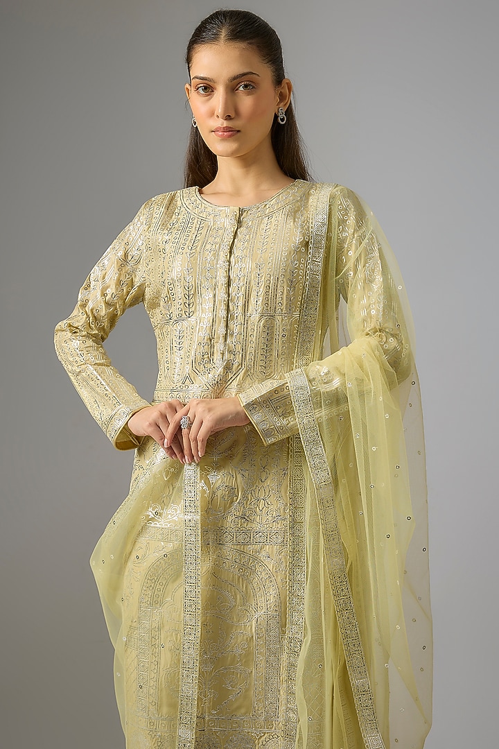 Lime Green Pure Silk Foil Printed Straight Kurta Set by Falguni Shane Peacock India at Pernia's Pop Up Shop