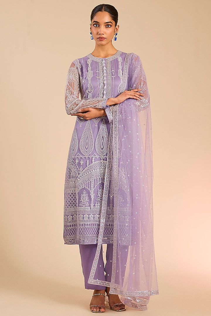 Purple & Silver Foil Embroidered Kurta Set by Falguni Shane Peacock India at Pernia's Pop Up Shop