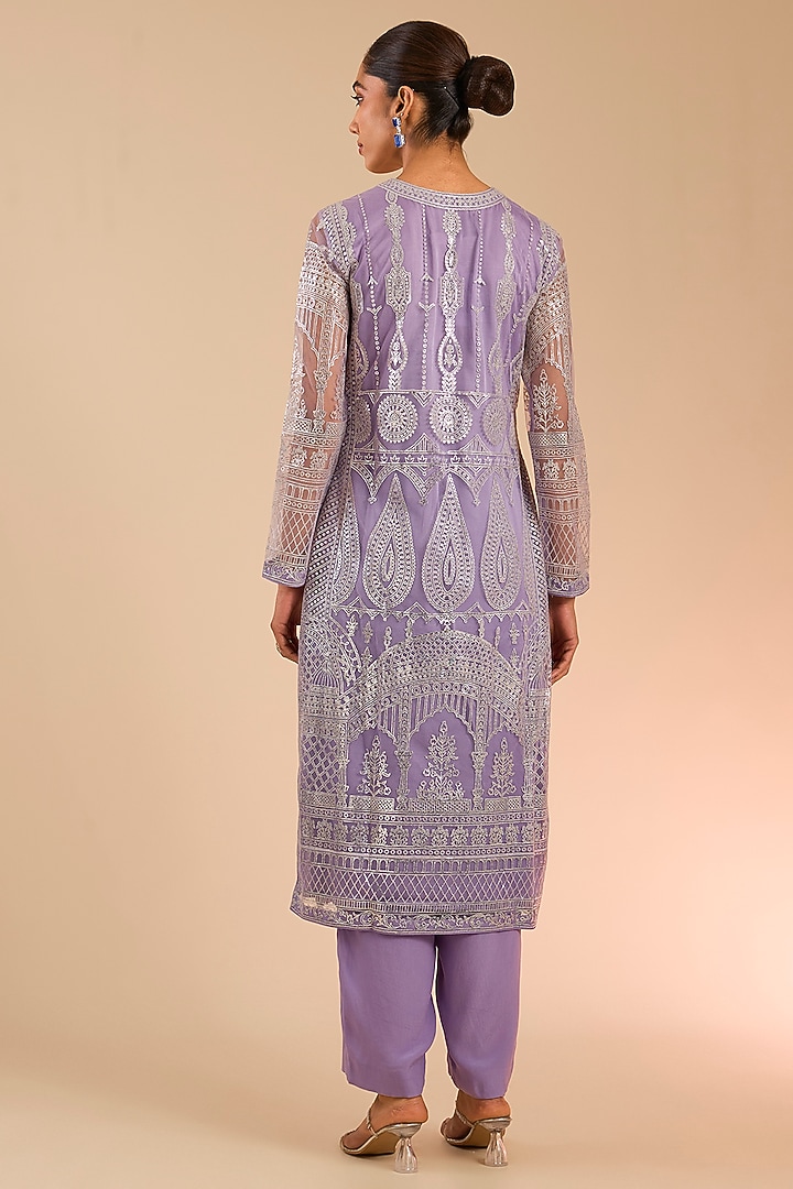 Purple & Silver Foil Embroidered Kurta Set by Falguni Shane Peacock India at Pernia's Pop Up Shop