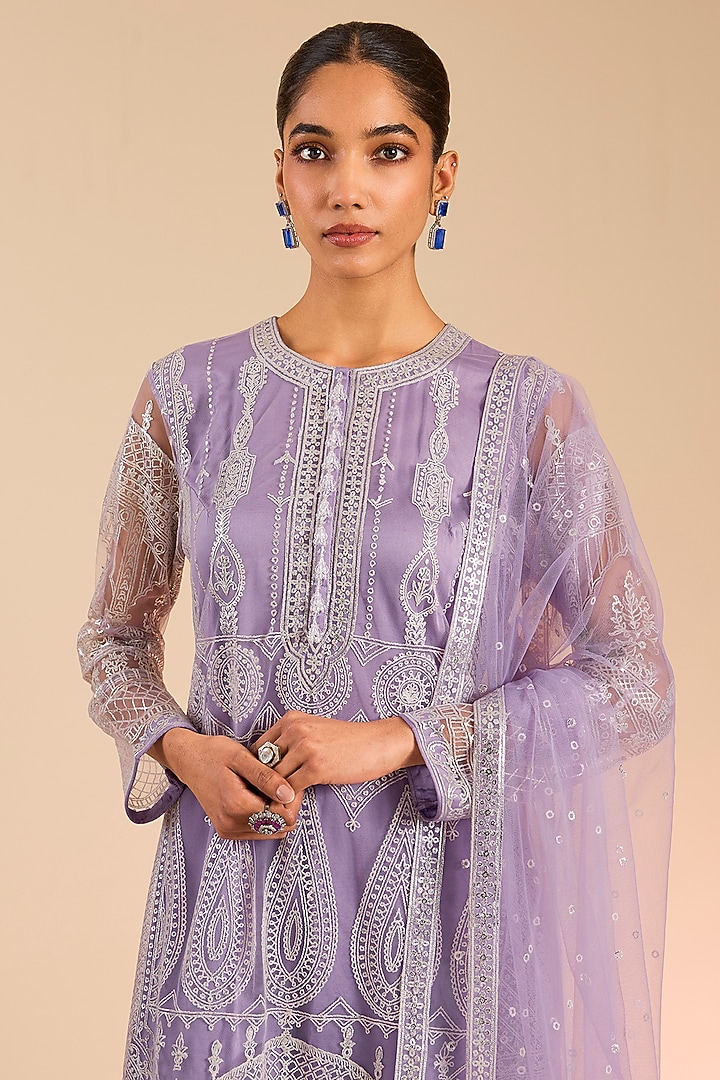 Purple & Silver Foil Embroidered Kurta Set by Falguni Shane Peacock India at Pernia's Pop Up Shop