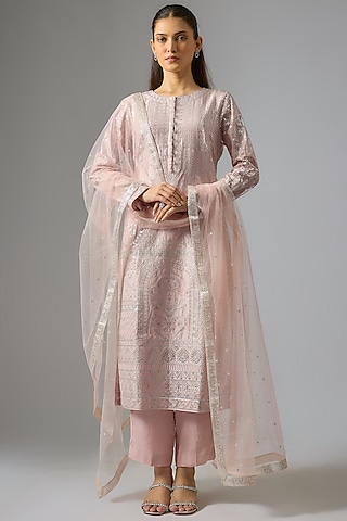 Lilac Pure Silk Foil Printed Straight Kurta Set by Falguni Shane Peacock India