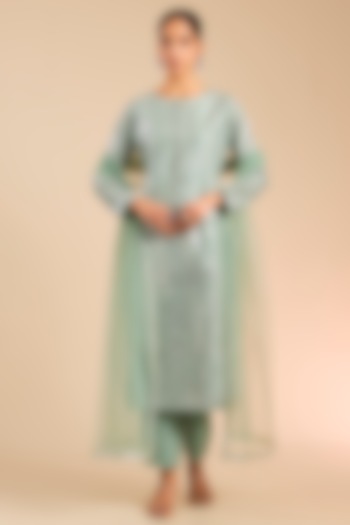 Green & Silver Foil Embroidered Kurta Set by Falguni Shane Peacock India at Pernia's Pop Up Shop