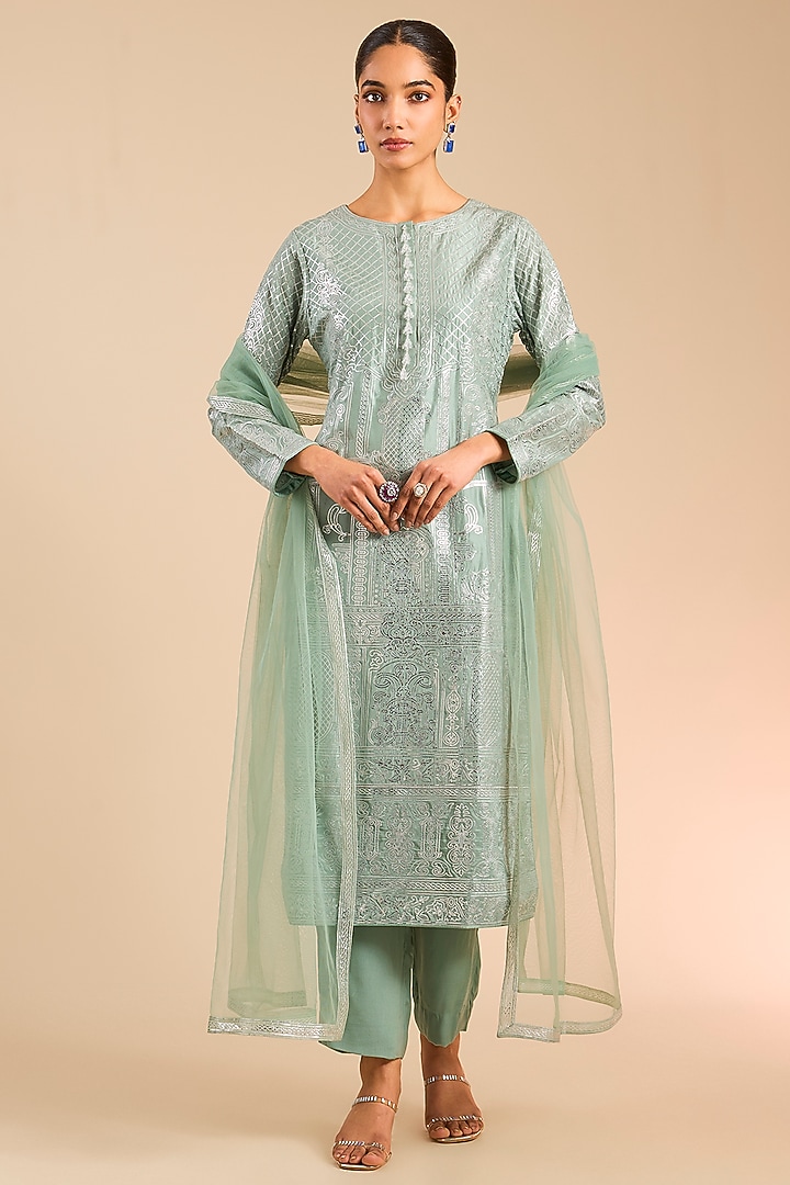 Green & Silver Foil Embroidered Kurta Set by Falguni Shane Peacock India at Pernia's Pop Up Shop