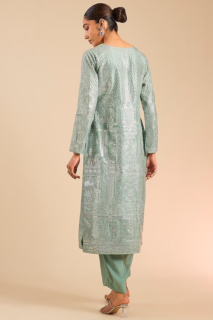 Green & Silver Foil Embroidered Kurta Set by Falguni Shane Peacock India at Pernia's Pop Up Shop