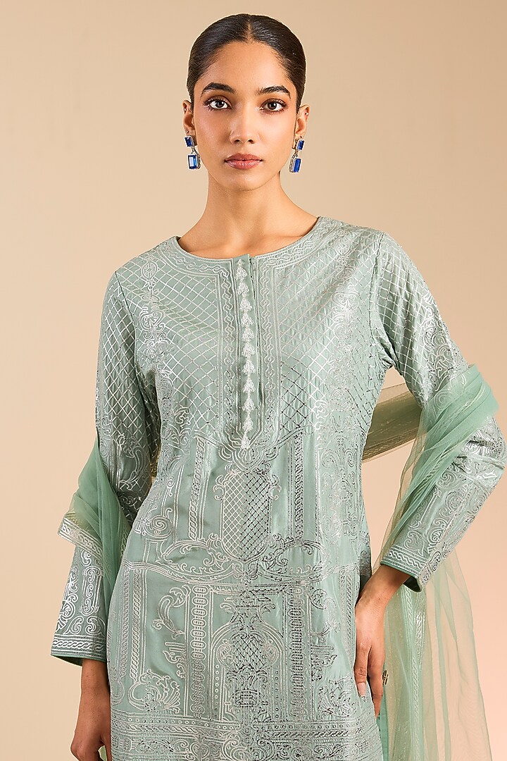 Green & Silver Foil Embroidered Kurta Set by Falguni Shane Peacock India at Pernia's Pop Up Shop