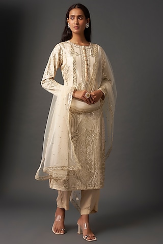 Beige Silk Foil Printed Kurta Set by Falguni Shane Peacock India
