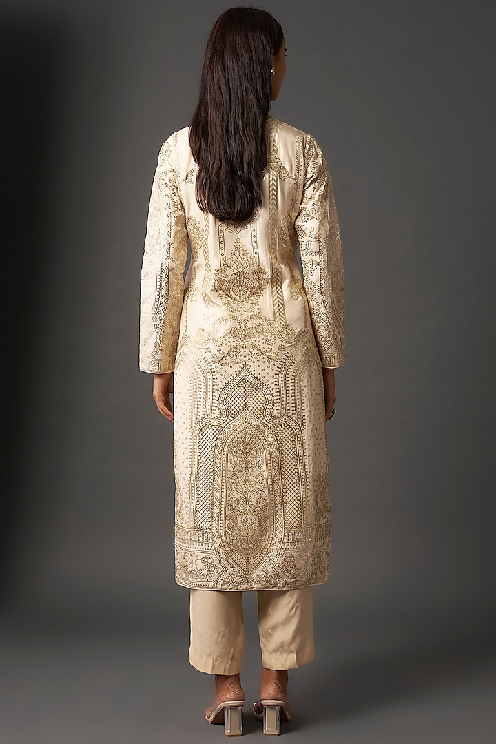 Beige Silk Foil Printed Kurta Set by Falguni Shane Peacock India at Pernia's Pop Up Shop