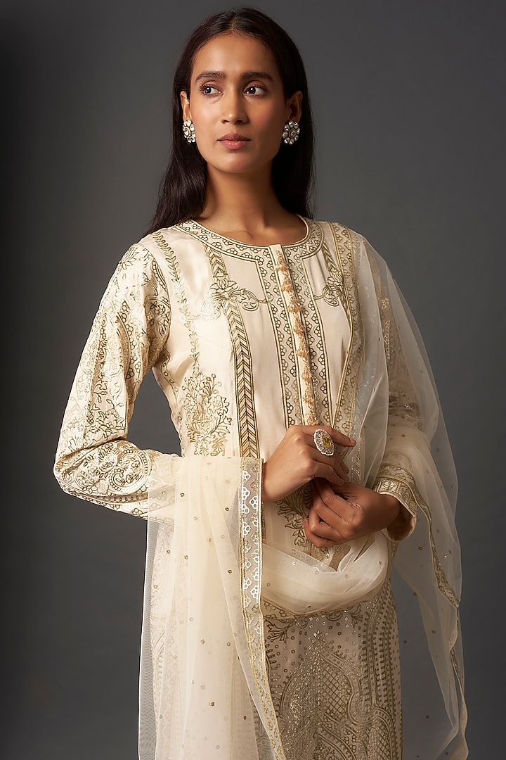 Beige Silk Foil Printed Kurta Set by Falguni Shane Peacock India at Pernia's Pop Up Shop