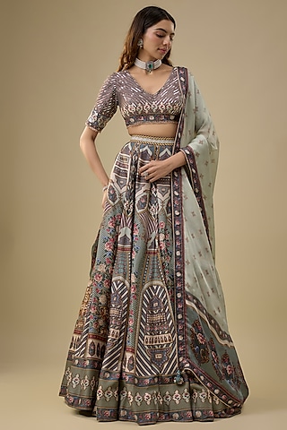 Multi-Colored Dupion Silk Gold Floral Motif Printed Lehenga Set by Falguni Shane Peacock India