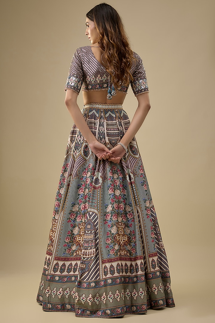 Multi-Colored Dupion Silk Gold Floral Motif Printed Bridal Lehenga Set by Falguni Shane Peacock India at Pernia's Pop Up Shop