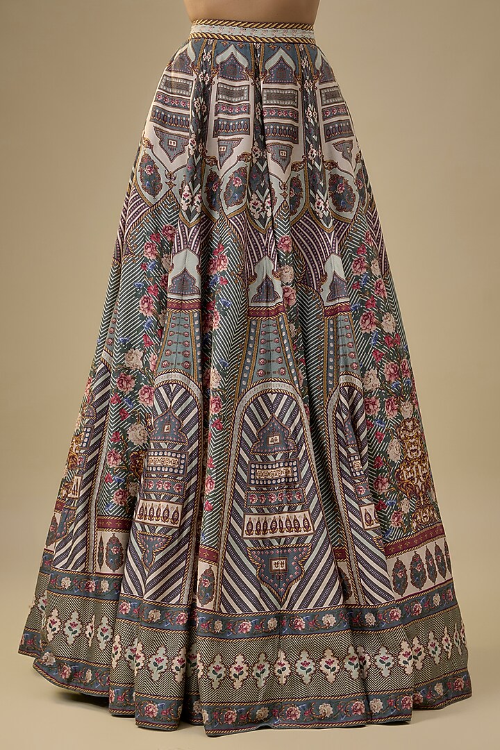 Multi-Colored Dupion Silk Gold Floral Motif Printed Bridal Lehenga Set by Falguni Shane Peacock India at Pernia's Pop Up Shop