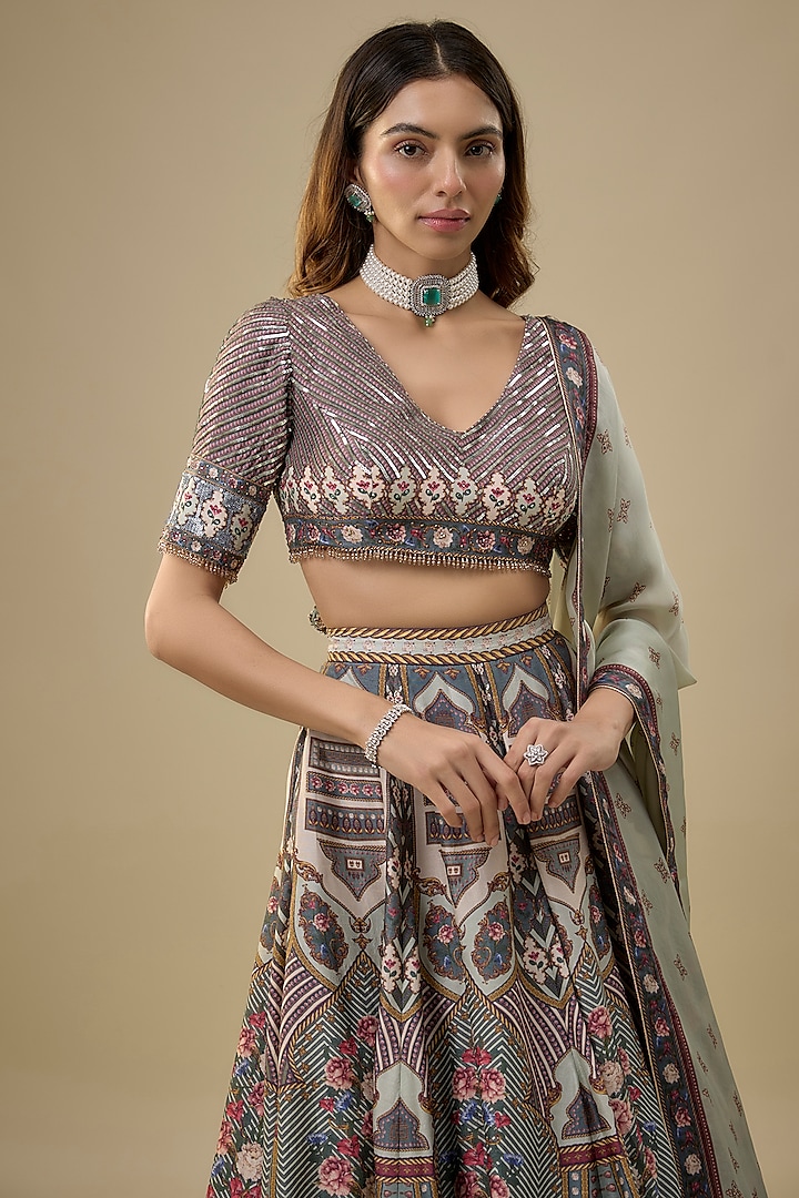 Multi-Colored Dupion Silk Gold Floral Motif Printed Bridal Lehenga Set by Falguni Shane Peacock India at Pernia's Pop Up Shop