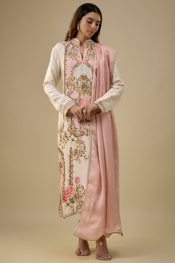 Ivory Dupion Silk Baroque & Floral Motif Printed Kurta Set by Falguni Shane Peacock India at Pernia's Pop Up Shop