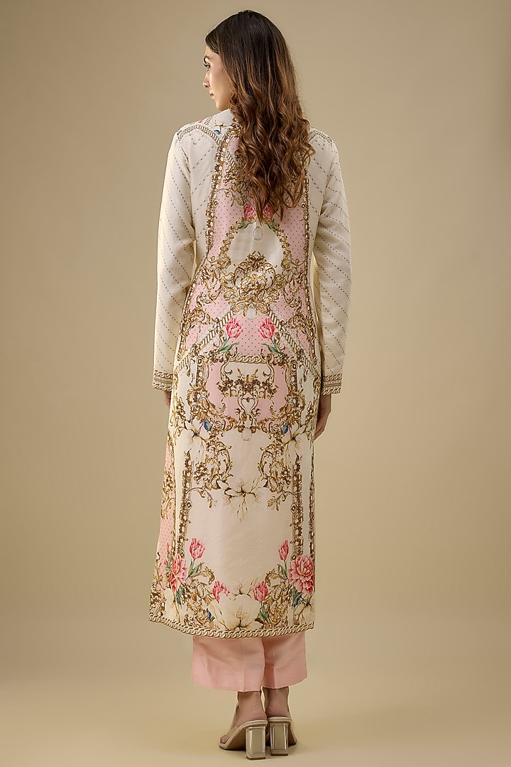Ivory Dupion Silk Baroque & Floral Motif Printed Kurta Set by Falguni Shane Peacock India at Pernia's Pop Up Shop