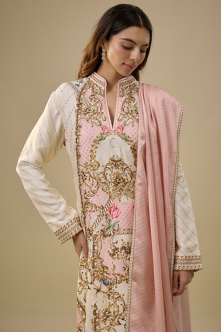 Ivory Dupion Silk Baroque & Floral Motif Printed Kurta Set by Falguni Shane Peacock India at Pernia's Pop Up Shop
