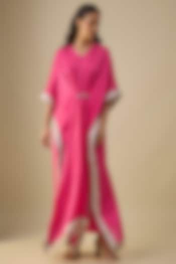 Pink Dupion Silk Floral Motif Printed Kaftan Set by Falguni Shane Peacock India at Pernia's Pop Up Shop