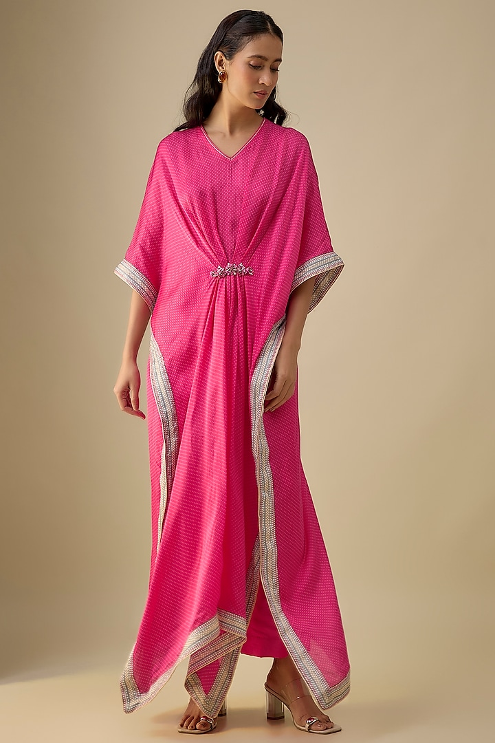 Pink Dupion Silk Floral Motif Printed Kaftan Set by Falguni Shane Peacock India at Pernia's Pop Up Shop