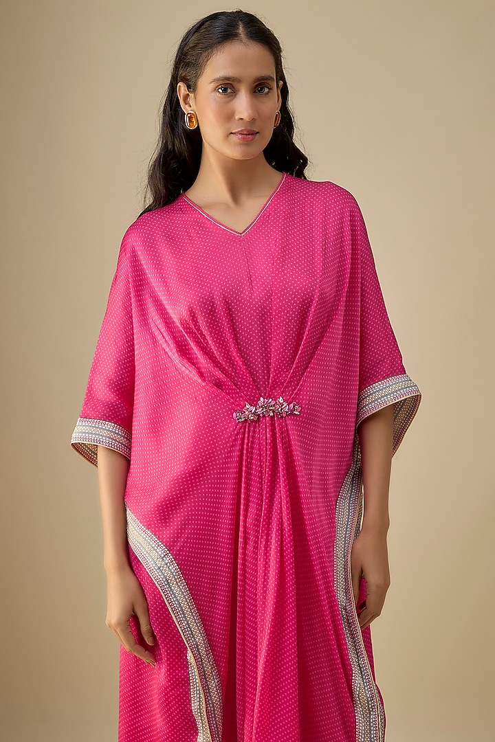 Pink Dupion Silk Floral Motif Printed Kaftan Set by Falguni Shane Peacock India at Pernia's Pop Up Shop
