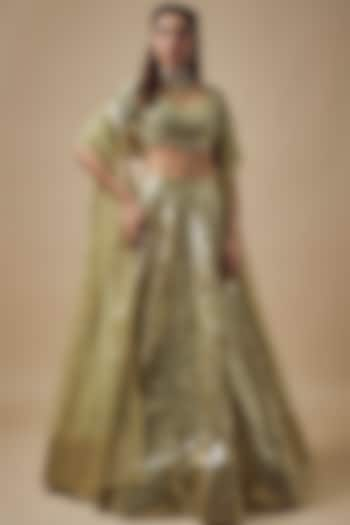 Lemon Green Net Gold Foil Printed Bridal Lehenga Set by Falguni Shane Peacock at Pernia's Pop Up Shop