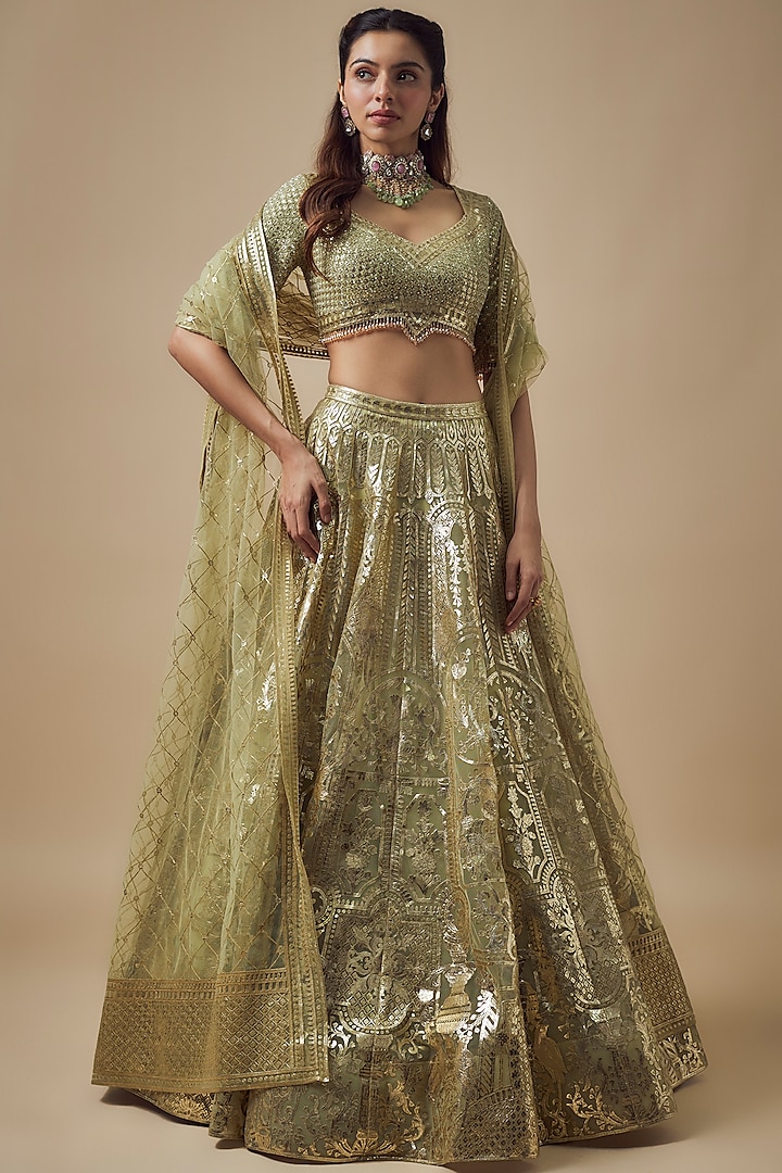 Lemon Green Net Gold Foil Printed Bridal Lehenga Set by Falguni Shane Peacock at Pernia's Pop Up Shop