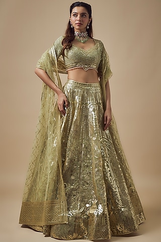 Lemon Green Net Gold Foil Printed Lehenga Set by Falguni Shane Peacock