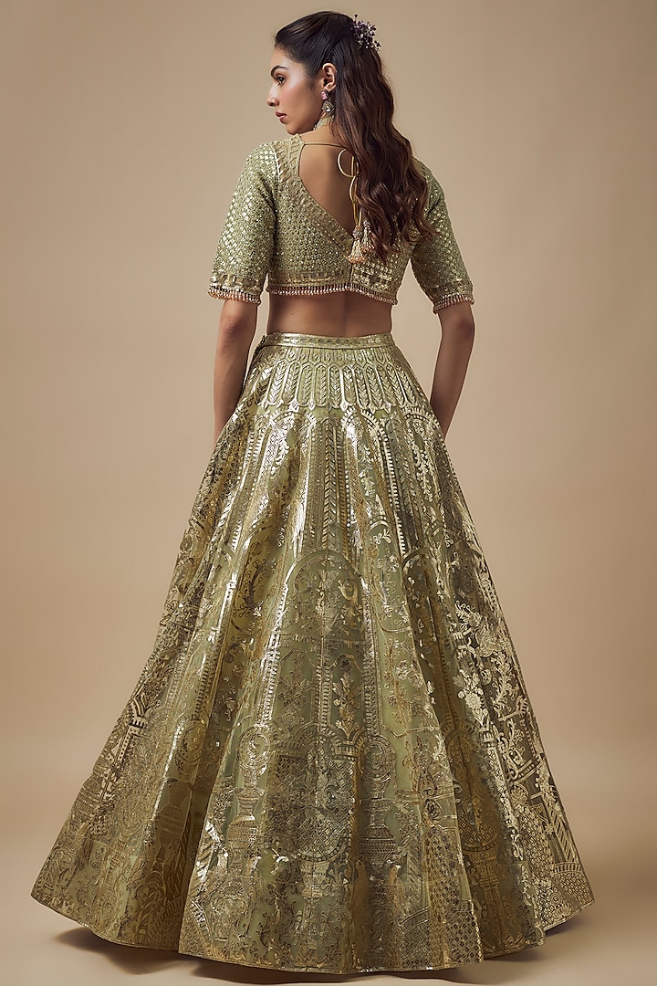 Lemon Green Net Gold Foil Printed Bridal Lehenga Set by Falguni Shane Peacock at Pernia's Pop Up Shop