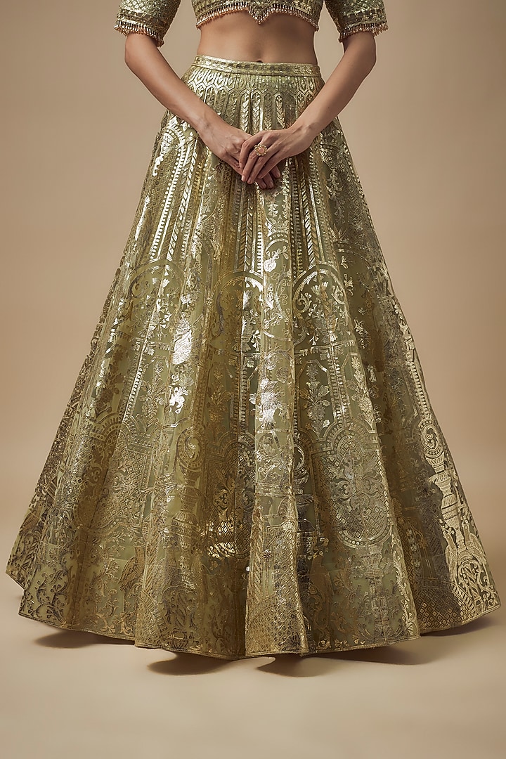 Lemon Green Net Gold Foil Printed Bridal Lehenga Set by Falguni Shane Peacock at Pernia's Pop Up Shop