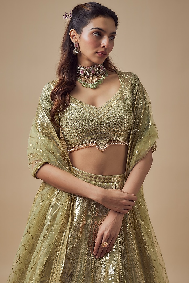 Lemon Green Net Gold Foil Printed Bridal Lehenga Set by Falguni Shane Peacock at Pernia's Pop Up Shop