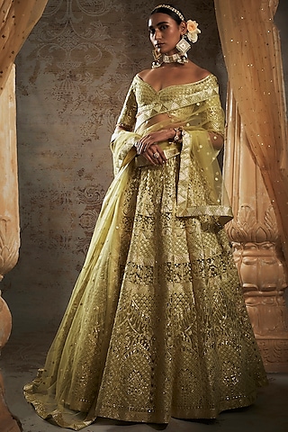 Ochre Tulle Bridal Lehenga Set by Falguni Shane Peacock