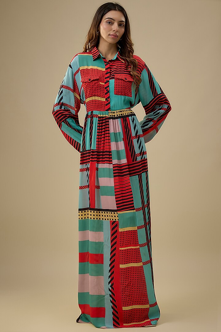 Multi-Colored Bamberg Maxi Cocktail Dress With Belt by Falguni Shane Peacock India at Pernia's Pop Up Shop