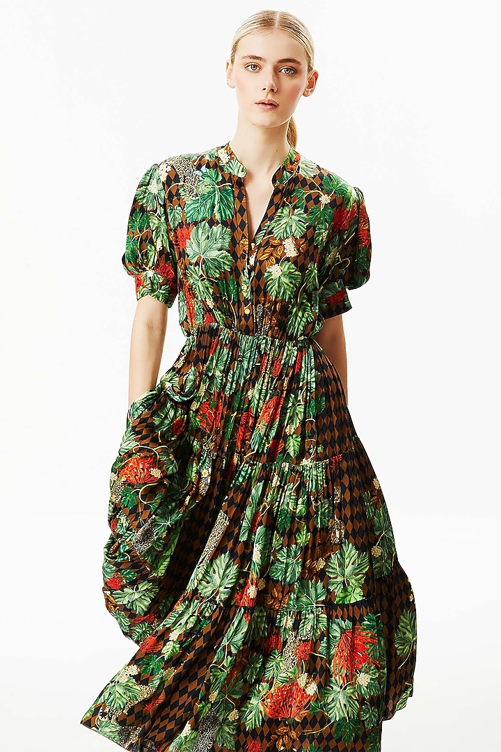 Multi-Coloured Modal Satin Midi Vacation Dress by Falguni Shane Peacock at Pernia's Pop Up Shop